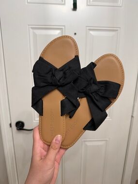 west loop Black Bow Slide Sandals with Tan Footbed